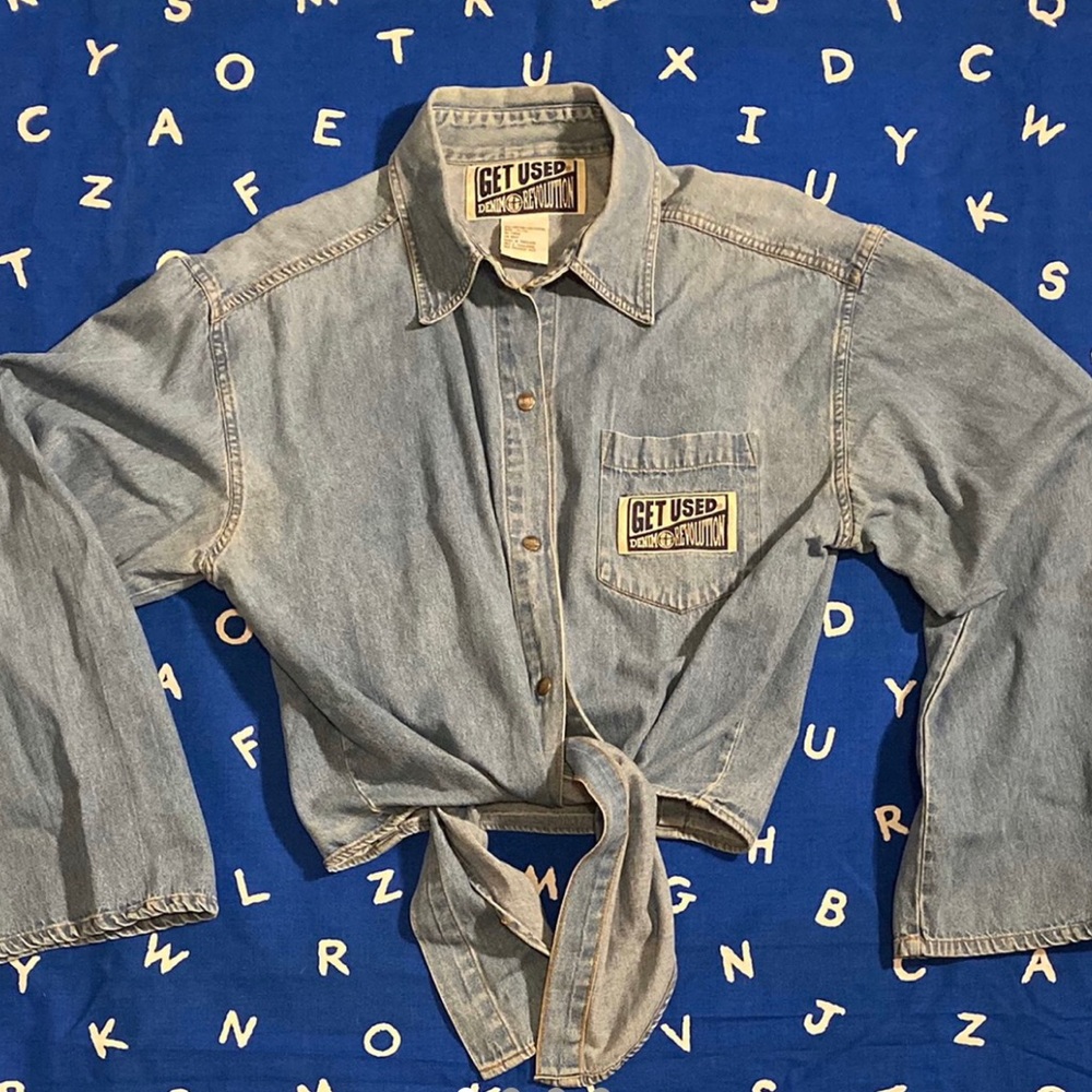 VTG 90s Get Used by Elie Denim Front Tie Crop Top